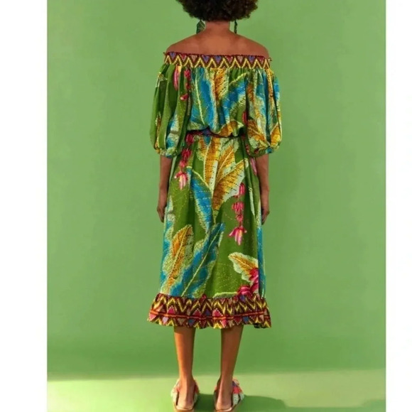 Farm Rio - Banana Leaves Off Shoulder Midi Dress in Banana Leaves size M NWT - Picture 4 of 9